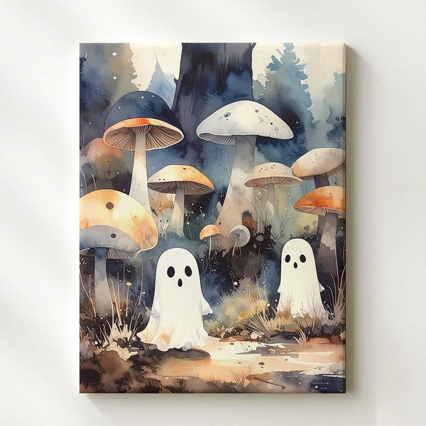 Whimsical Mushroom Ghost Canvas – Enchanted Halloween Forest Floor Art - Gifitto