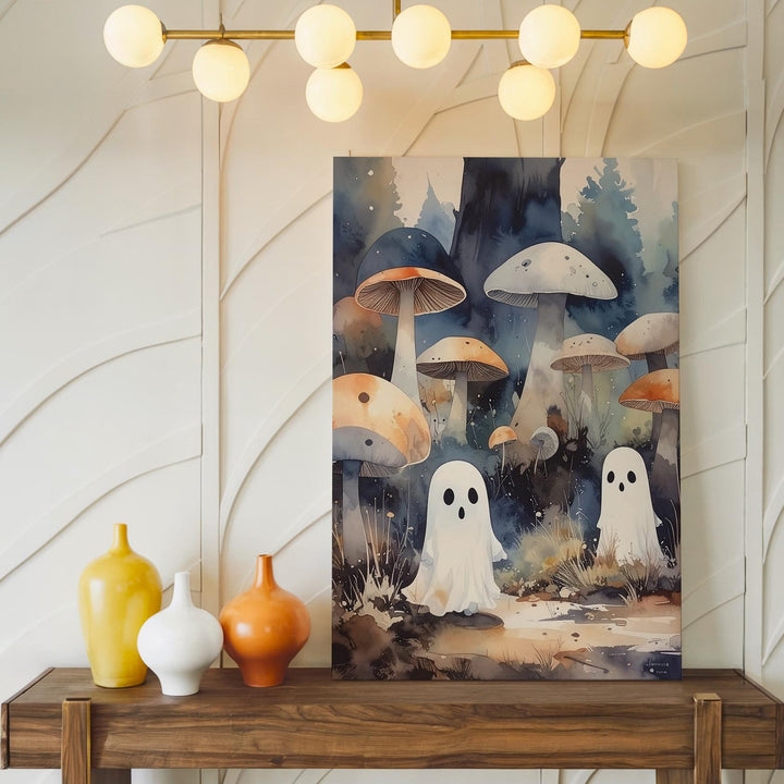Whimsical Mushroom Ghost Canvas – Enchanted Halloween Forest Floor Art - Gifitto