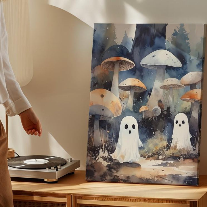 Whimsical Mushroom Ghost Canvas – Enchanted Halloween Forest Floor Art - Gifitto