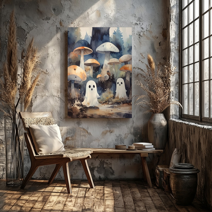 Whimsical Mushroom Ghost Canvas – Enchanted Halloween Forest Floor Art - Gifitto