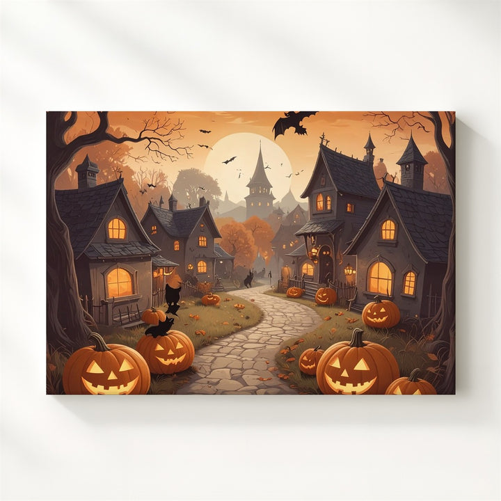 Whimsical Halloween Village Canvas – Cozy Gothic Haunted Town Art - Gifitto