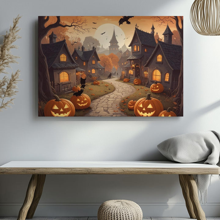 Whimsical Halloween Village Canvas – Cozy Gothic Haunted Town Art - Gifitto