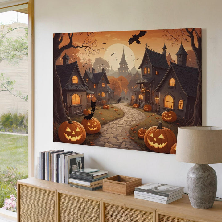 Whimsical Halloween Village Canvas – Cozy Gothic Haunted Town Art - Gifitto