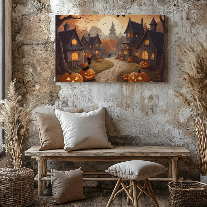 Whimsical Halloween Village Canvas – Cozy Gothic Haunted Town Art - Gifitto