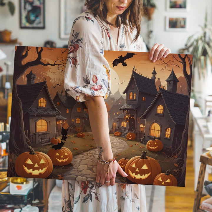 Whimsical Halloween Village Canvas – Cozy Gothic Haunted Town Art - Gifitto