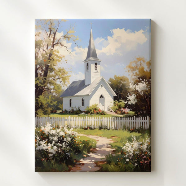 Spring Chapel in the Countryside Canvas – Serene Christian Wall Art with Blooming Foliage and Faithful Stillness - Gifitto