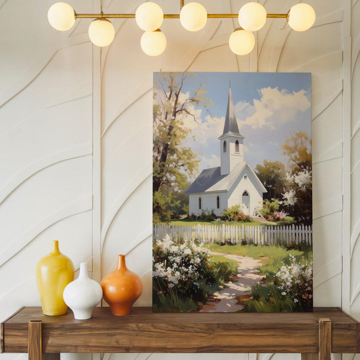 Spring Chapel in the Countryside Canvas – Serene Christian Wall Art with Blooming Foliage and Faithful Stillness - Gifitto