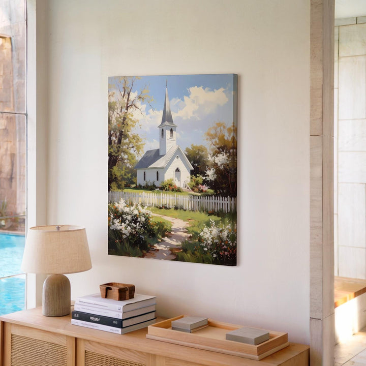 Spring Chapel in the Countryside Canvas – Serene Christian Wall Art with Blooming Foliage and Faithful Stillness - Gifitto