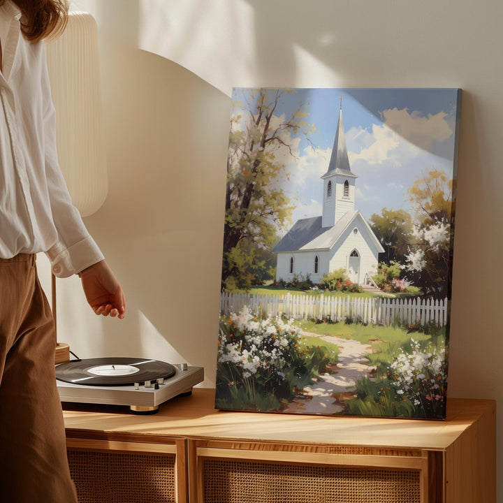 Spring Chapel in the Countryside Canvas – Serene Christian Wall Art with Blooming Foliage and Faithful Stillness - Gifitto
