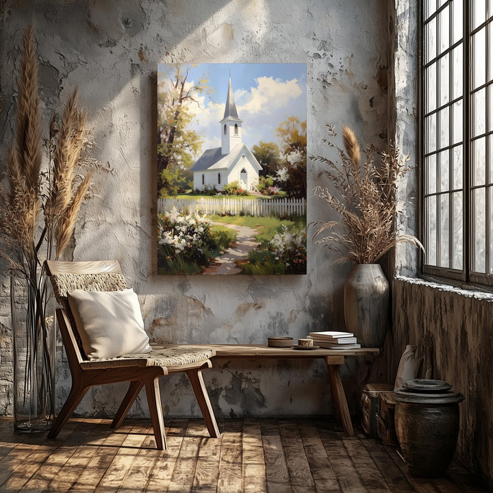 Spring Chapel in the Countryside Canvas – Serene Christian Wall Art with Blooming Foliage and Faithful Stillness - Gifitto