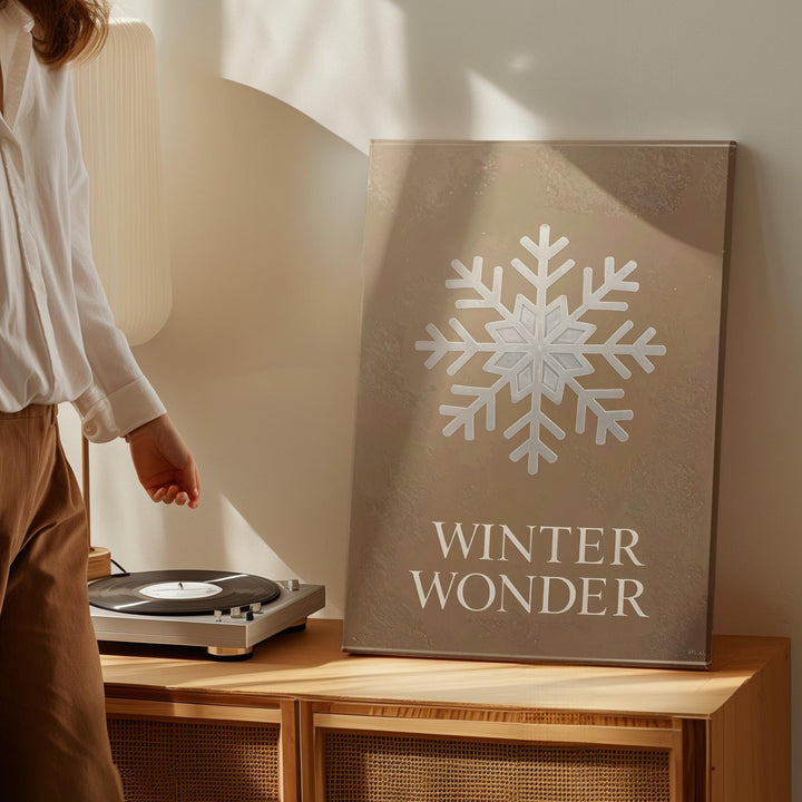Winter Wonder Snowflake Canvas – Minimalist Tan Holiday Typography Wall Art - Gifitto