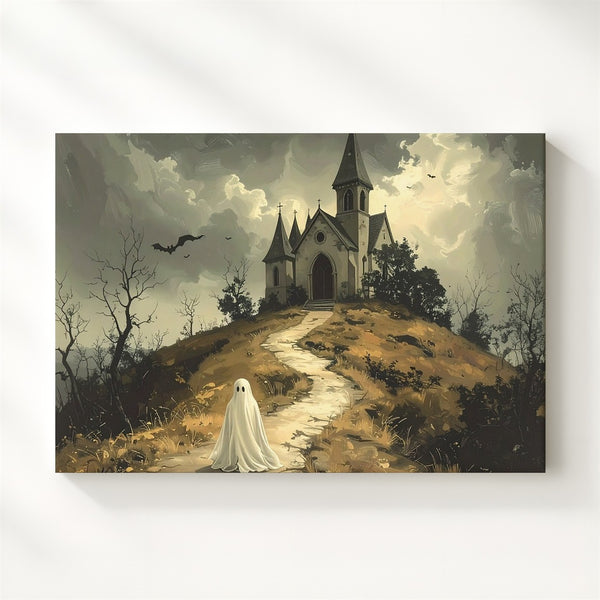 Ghost on Church Hill Canvas – Haunted Gothic Pathway Halloween Art - Gifitto