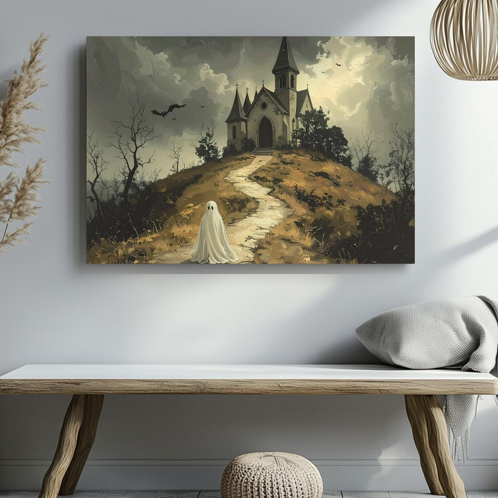 Ghost on Church Hill Canvas – Haunted Gothic Pathway Halloween Art - Gifitto