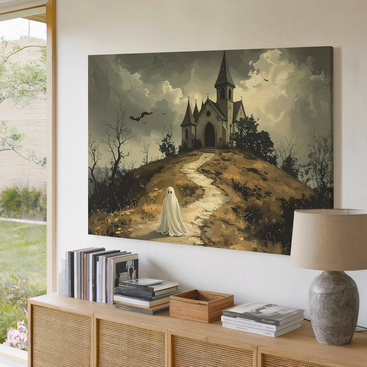 Ghost on Church Hill Canvas – Haunted Gothic Pathway Halloween Art - Gifitto