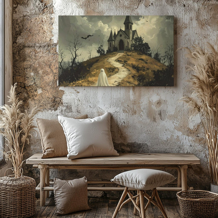 Ghost on Church Hill Canvas – Haunted Gothic Pathway Halloween Art - Gifitto