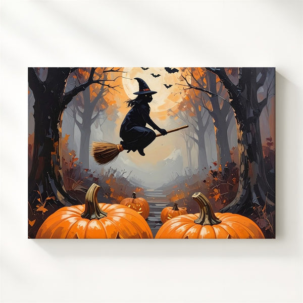 Witch in Foggy Forest Canvas – Gothic Halloween Night with Bats & Jack-o’-Lanterns - Gifitto