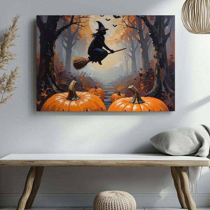 Witch in Foggy Forest Canvas – Gothic Halloween Night with Bats & Jack-o’-Lanterns - Gifitto