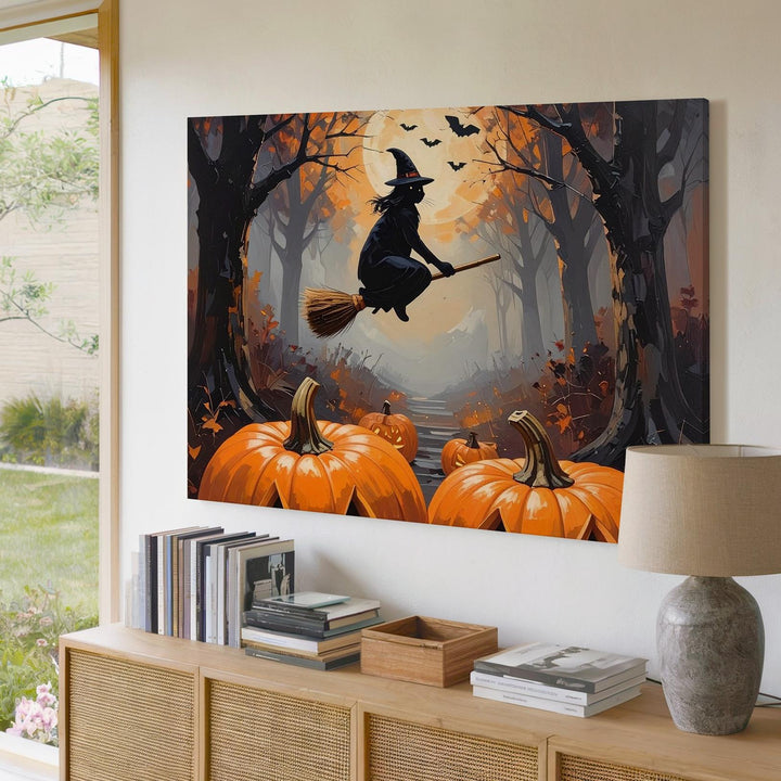 Witch in Foggy Forest Canvas – Gothic Halloween Night with Bats & Jack-o’-Lanterns - Gifitto