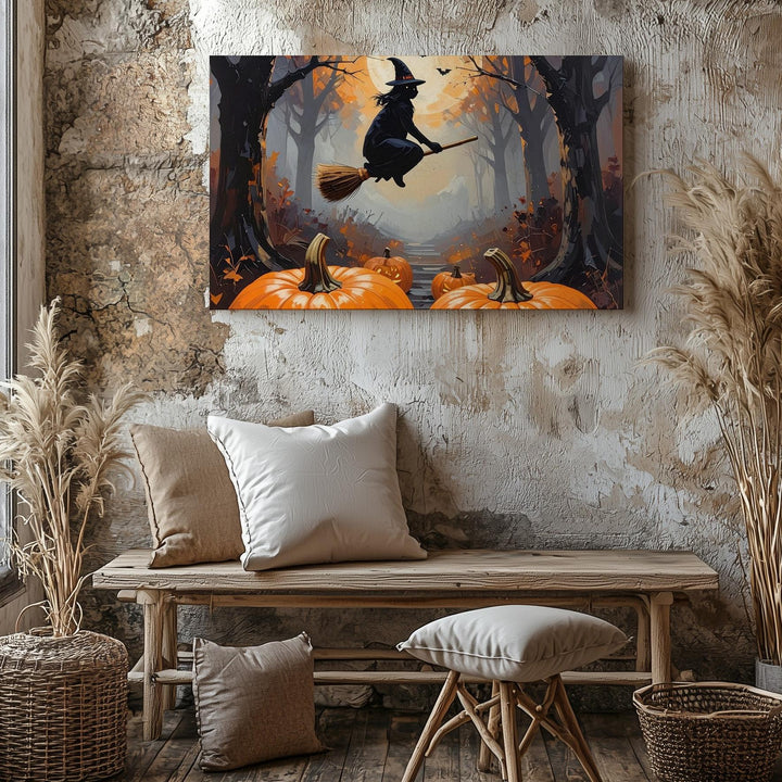 Witch in Foggy Forest Canvas – Gothic Halloween Night with Bats & Jack-o’-Lanterns - Gifitto