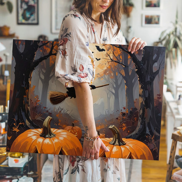Witch in Foggy Forest Canvas – Gothic Halloween Night with Bats & Jack-o’-Lanterns - Gifitto