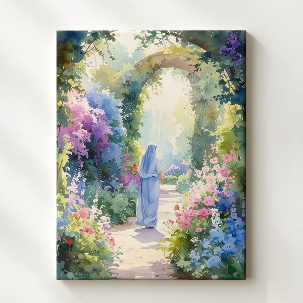 Garden Path of Grace Canvas – Ethereal Christian Wall Art Inspired by the Virgin Mary and Sacred Solitude - Gifitto