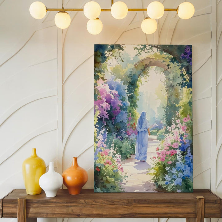 Garden Path of Grace Canvas – Ethereal Christian Wall Art Inspired by the Virgin Mary and Sacred Solitude - Gifitto
