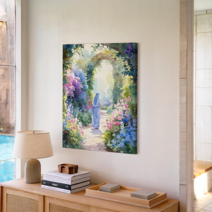 Garden Path of Grace Canvas – Ethereal Christian Wall Art Inspired by the Virgin Mary and Sacred Solitude - Gifitto