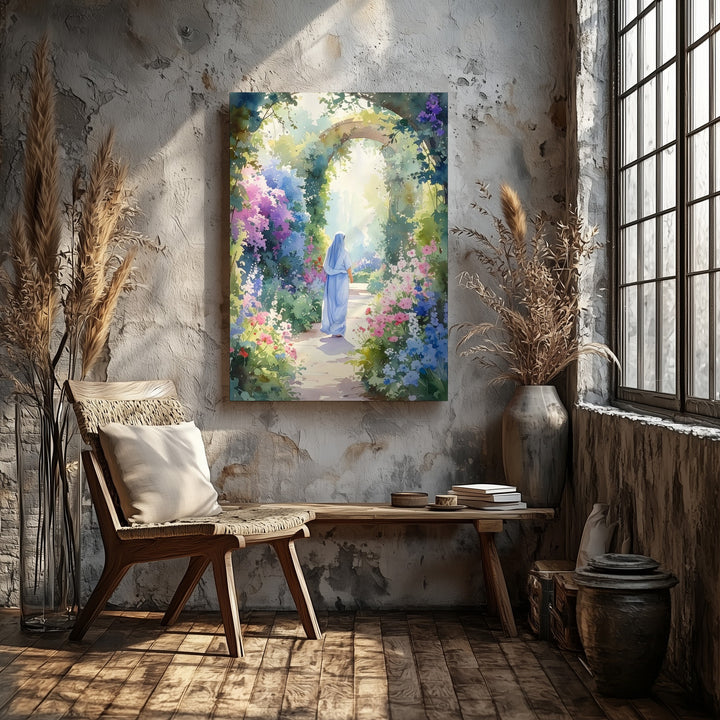 Garden Path of Grace Canvas – Ethereal Christian Wall Art Inspired by the Virgin Mary and Sacred Solitude - Gifitto