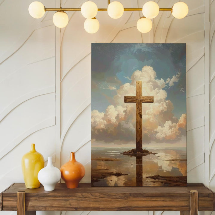 Reflected Cross in Water Canvas – Ethereal Christian Wall Art of Peace, Baptism, and Divine Connection - Gifitto