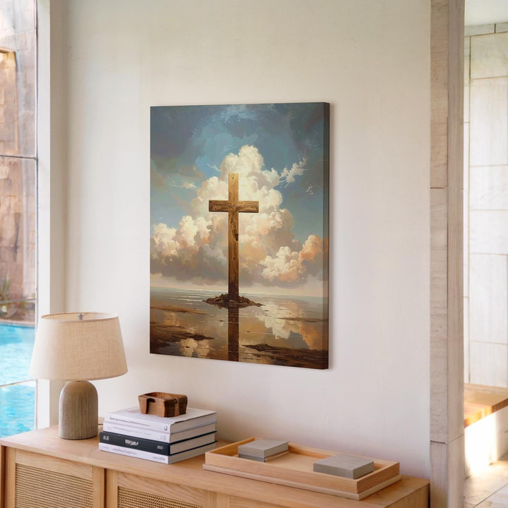 Reflected Cross in Water Canvas – Ethereal Christian Wall Art of Peace, Baptism, and Divine Connection - Gifitto