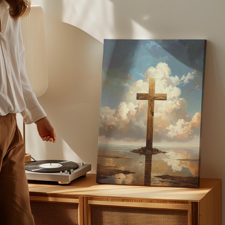 Reflected Cross in Water Canvas – Ethereal Christian Wall Art of Peace, Baptism, and Divine Connection - Gifitto