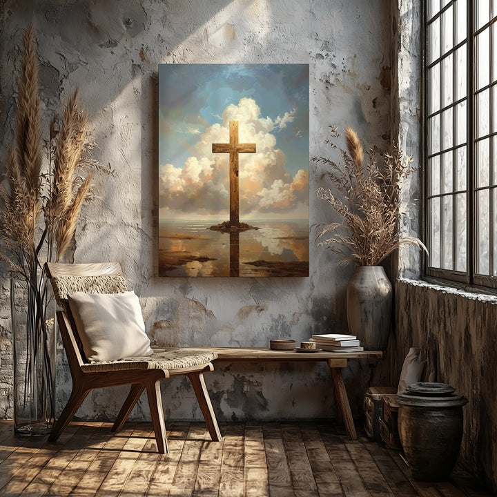 Reflected Cross in Water Canvas – Ethereal Christian Wall Art of Peace, Baptism, and Divine Connection - Gifitto