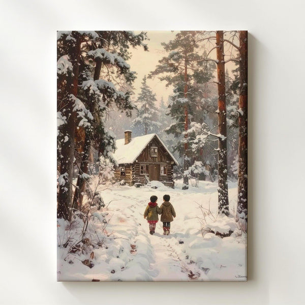 Snowy Woodland Trail Canvas – Christmas Cabin & Children Winter Scene Art - Gifitto