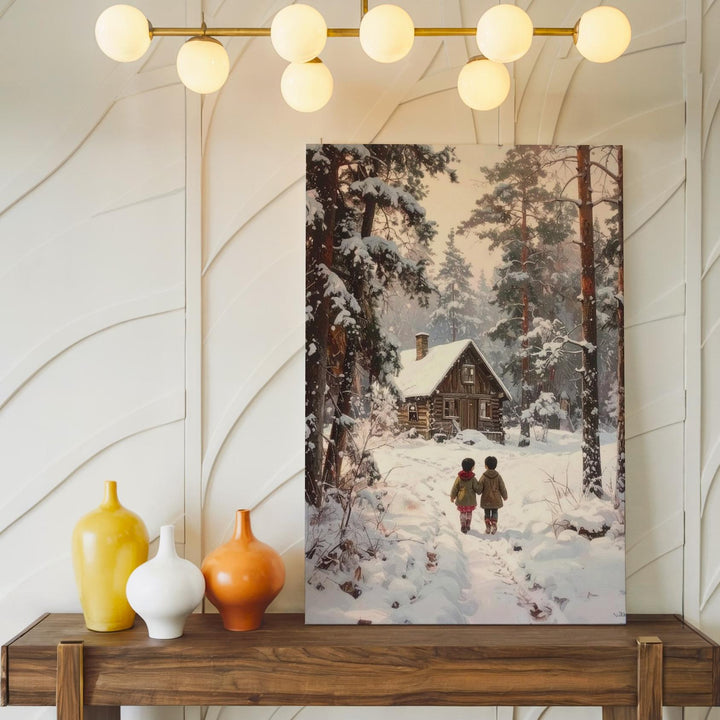 Snowy Woodland Trail Canvas – Christmas Cabin & Children Winter Scene Art - Gifitto