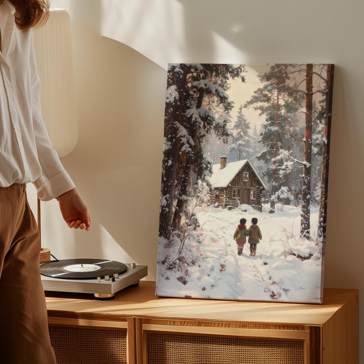Snowy Woodland Trail Canvas – Christmas Cabin & Children Winter Scene Art - Gifitto
