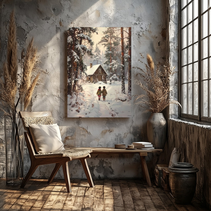 Snowy Woodland Trail Canvas – Christmas Cabin & Children Winter Scene Art - Gifitto