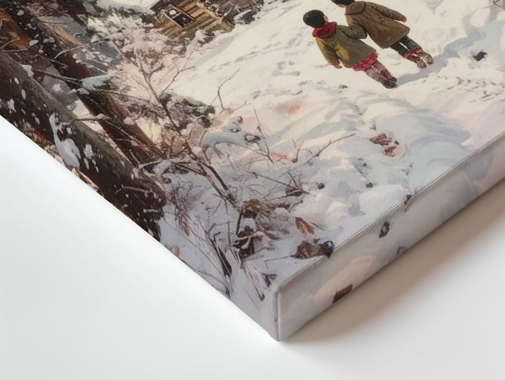 Snowy Woodland Trail Canvas – Christmas Cabin & Children Winter Scene Art - Gifitto