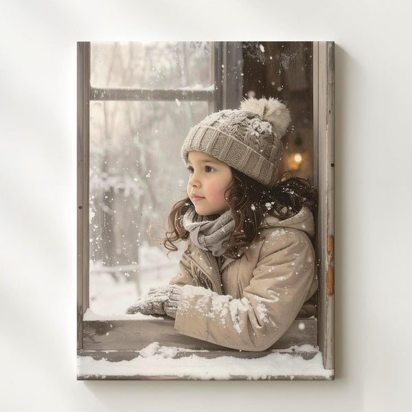 Child at Frosted Window Canvas – Cozy Christmas Wonder & Winter Snow Art - Gifitto