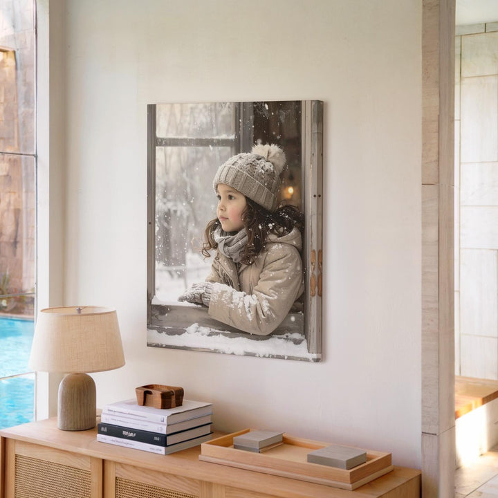 Child at Frosted Window Canvas – Cozy Christmas Wonder & Winter Snow Art - Gifitto