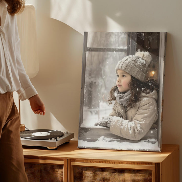 Child at Frosted Window Canvas – Cozy Christmas Wonder & Winter Snow Art - Gifitto