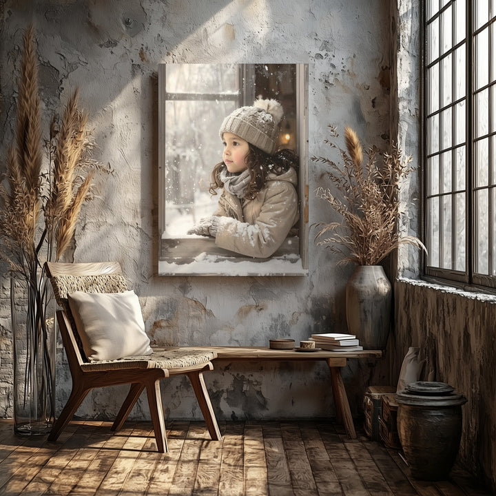 Child at Frosted Window Canvas – Cozy Christmas Wonder & Winter Snow Art - Gifitto
