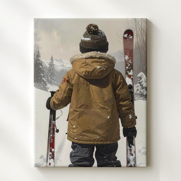 Child with Skis Winter Canvas – Minimalist Snow Adventure Holiday Wall Art - Gifitto