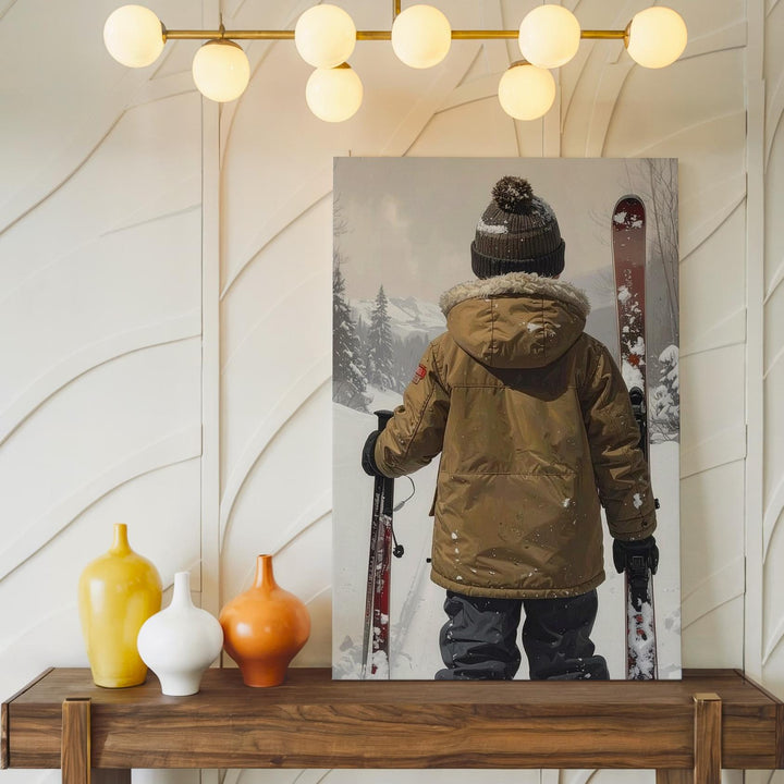 Child with Skis Winter Canvas – Minimalist Snow Adventure Holiday Wall Art - Gifitto