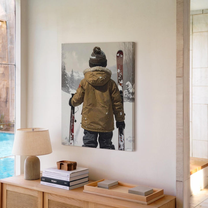 Child with Skis Winter Canvas – Minimalist Snow Adventure Holiday Wall Art - Gifitto