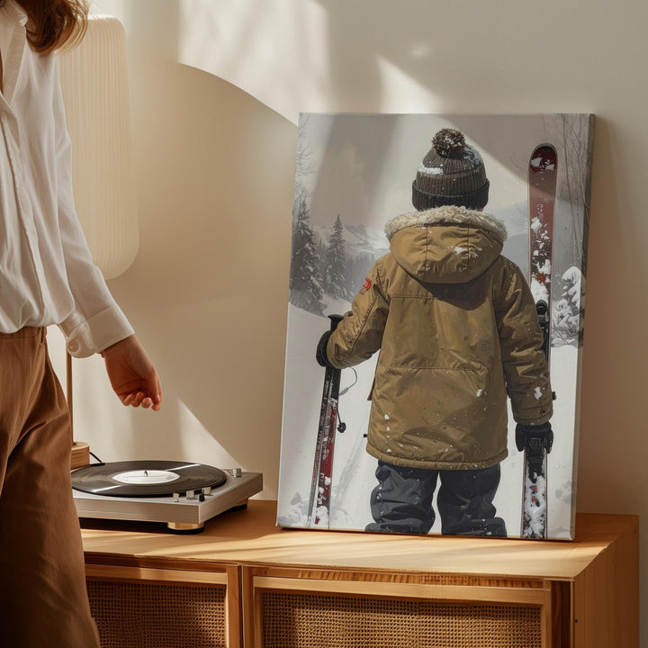 Child with Skis Winter Canvas – Minimalist Snow Adventure Holiday Wall Art - Gifitto