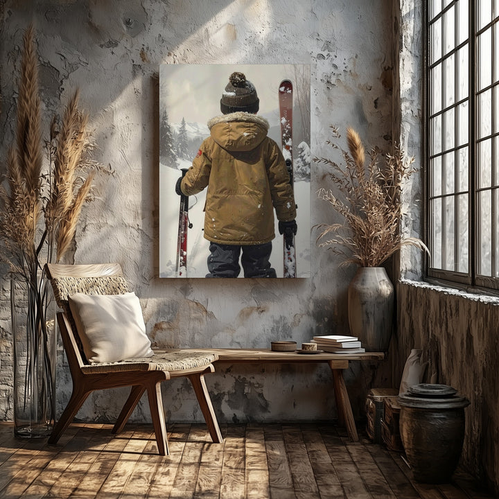 Child with Skis Winter Canvas – Minimalist Snow Adventure Holiday Wall Art - Gifitto