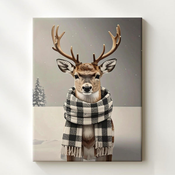 Plaid Scarf Reindeer Canvas – Whimsical Rustic Winter Holiday Wall Art - Gifitto