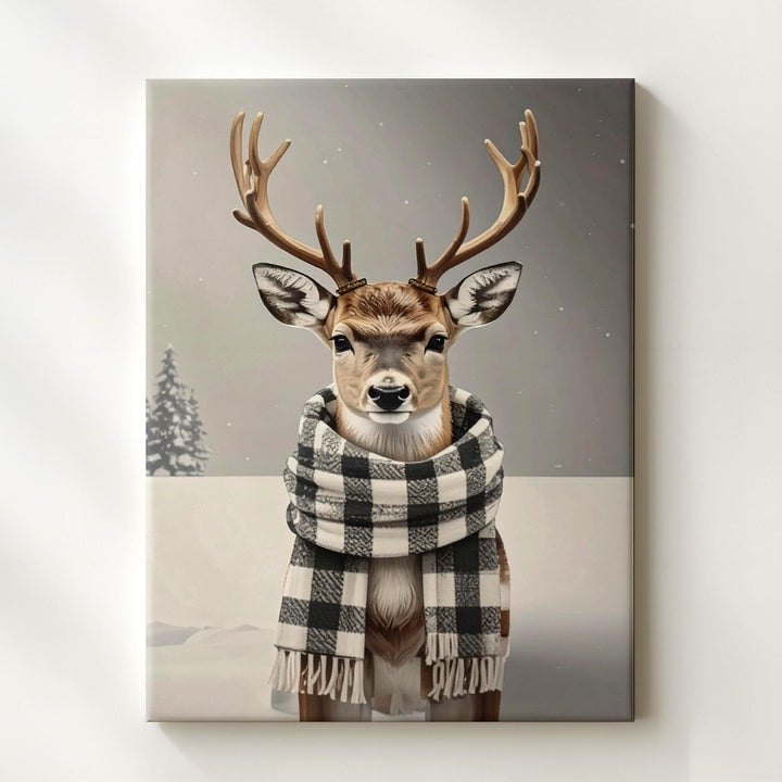 Plaid Scarf Reindeer Canvas – Whimsical Rustic Winter Holiday Wall Art - Gifitto