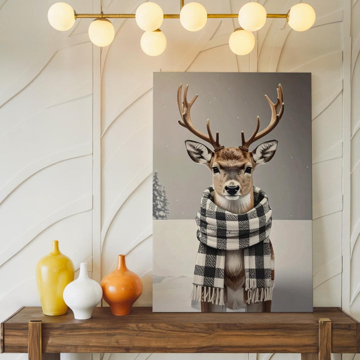Plaid Scarf Reindeer Canvas – Whimsical Rustic Winter Holiday Wall Art - Gifitto
