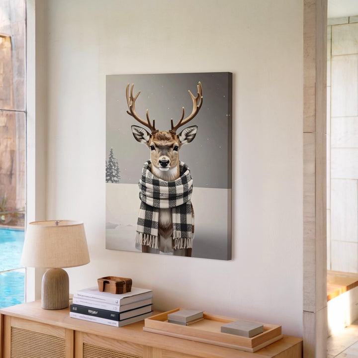 Plaid Scarf Reindeer Canvas – Whimsical Rustic Winter Holiday Wall Art - Gifitto